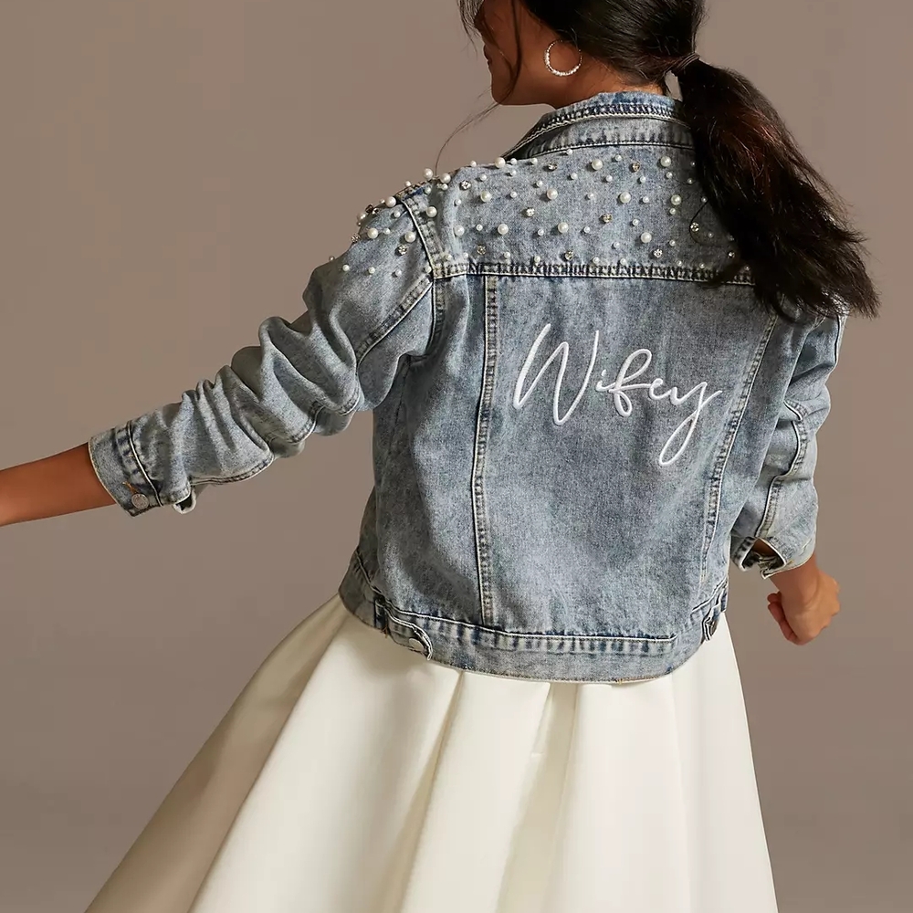 David's Bridal Blue Denim Jacket with Stud Accents